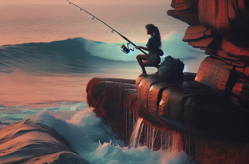 Cañas para pesca desde roca en acción sobre formaciones rocosas