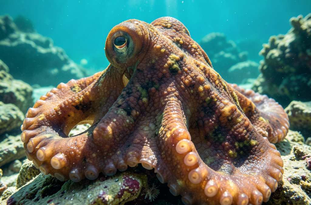 Pulpo camuflado en el fondo marino analizando cómo afecta la temperatura del agua a la pesca del pulpo